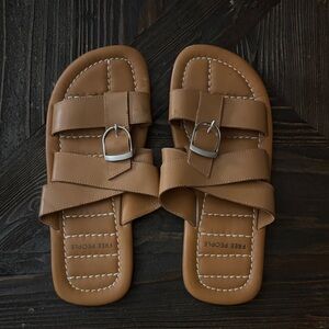 Free People Sloan Brown Slide Sandals with Silver Buckle